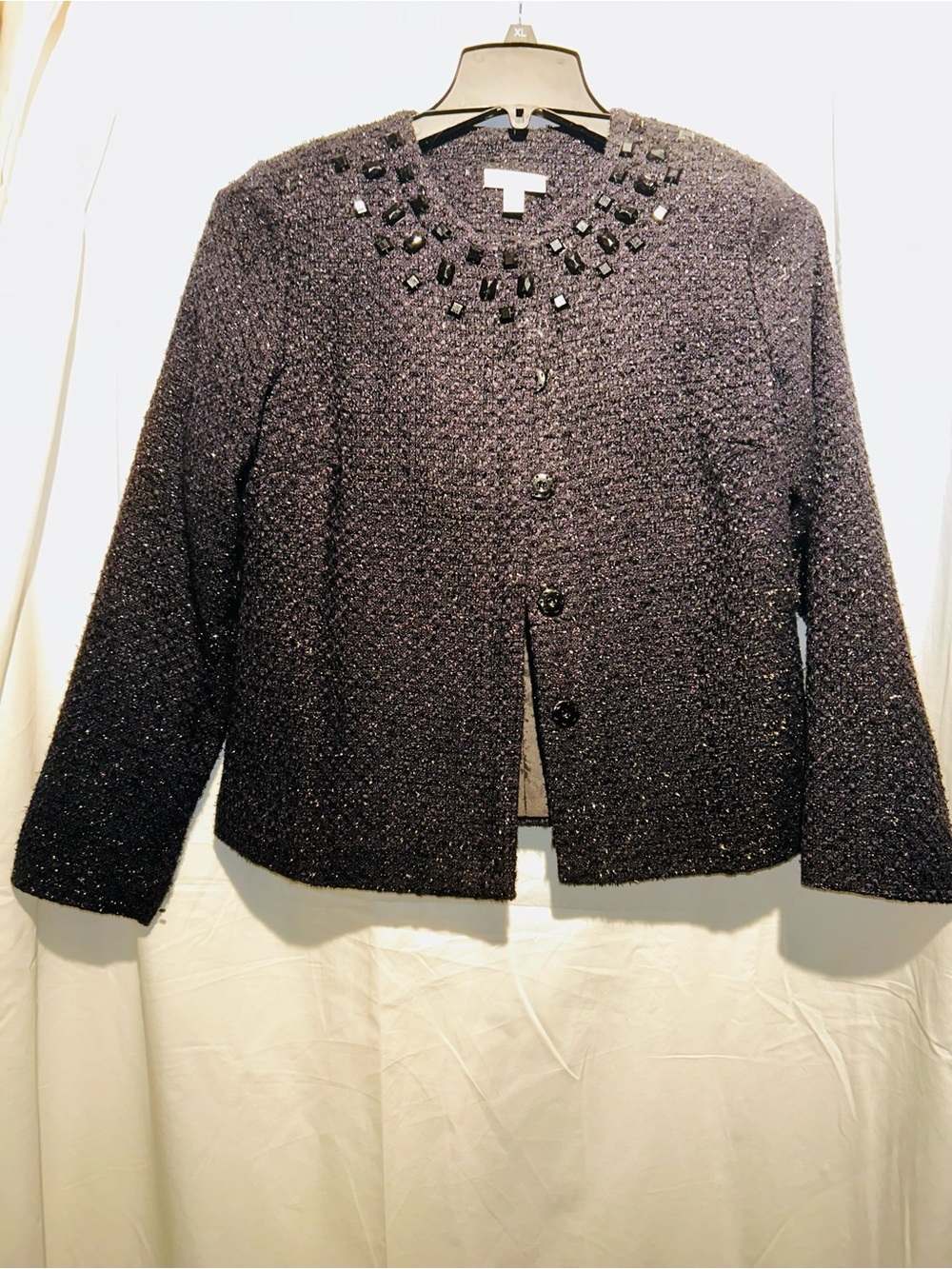 Fashion Bug Purple Metallic Tweed Jeweled Jacket Blazer Size 6 CIRCA 2013
